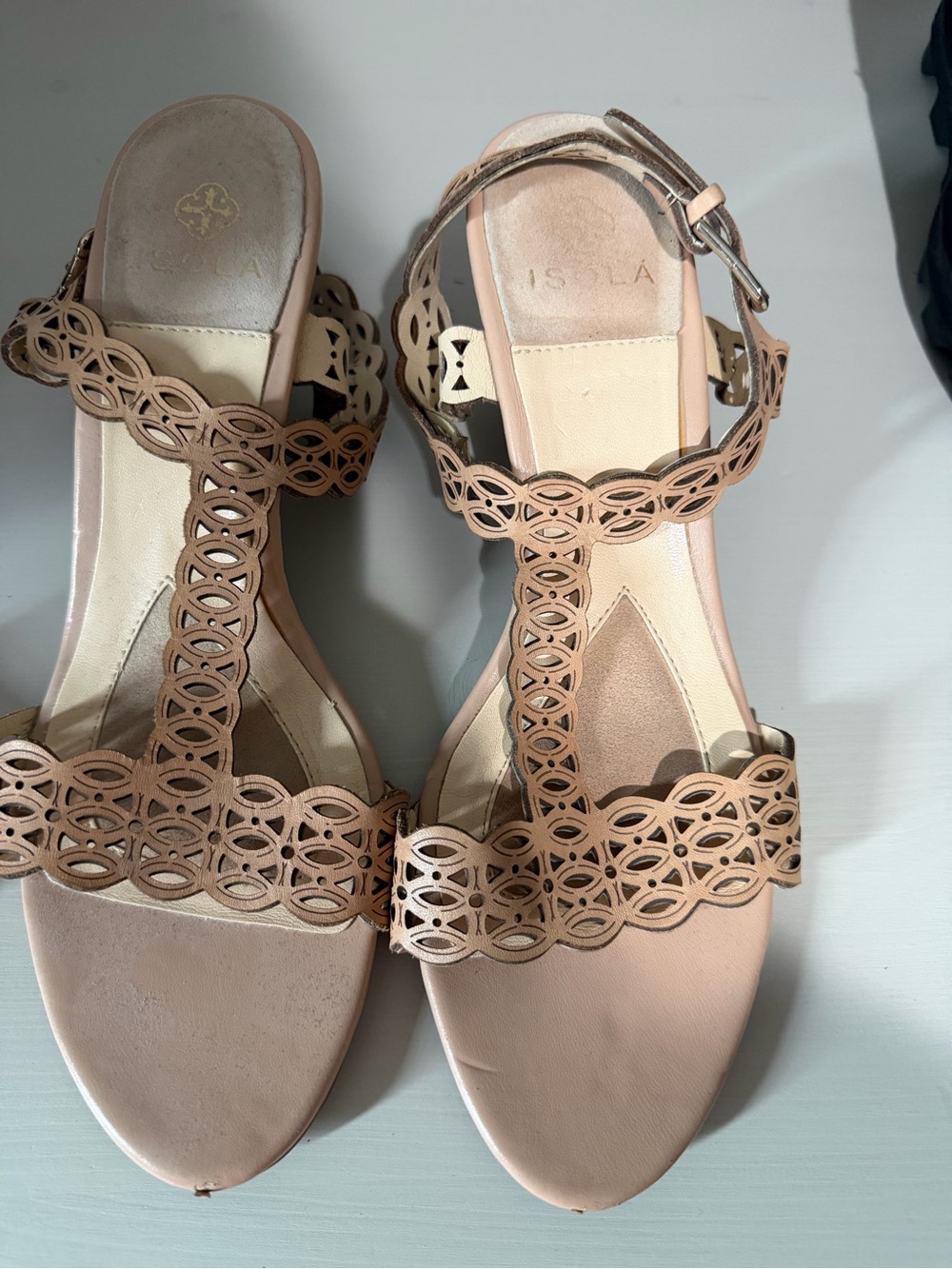 Isola Laser-Cut T-Strap Sandals in Nude Pink